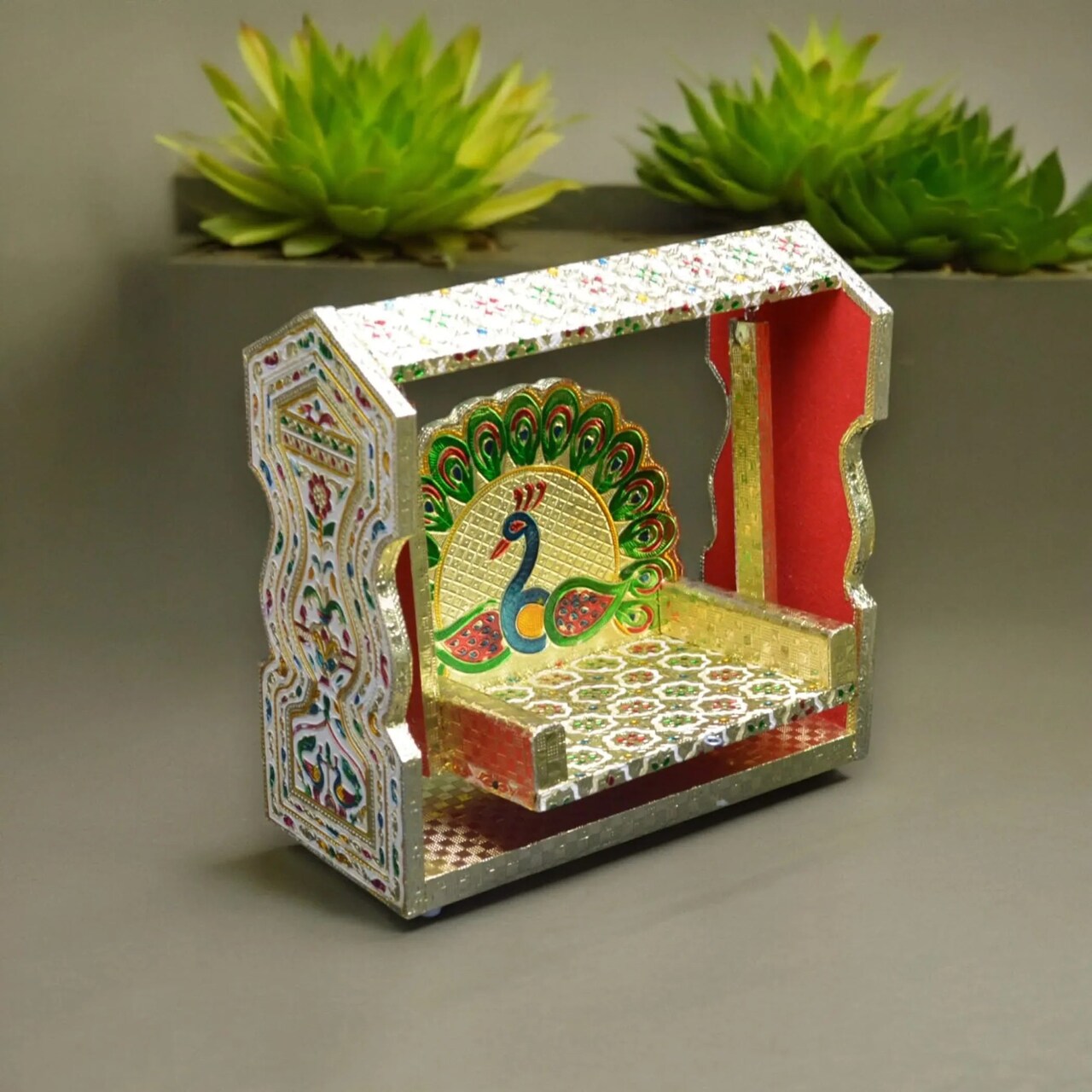 Wooden Meenakari Jhula Singhasan Indian Traditional Laddu Gopal Swing Palna with Peacock Design for Pooja Mandir Kanha Ji Krishna Aasan - Janamashtami Favor Housewarming Gift
